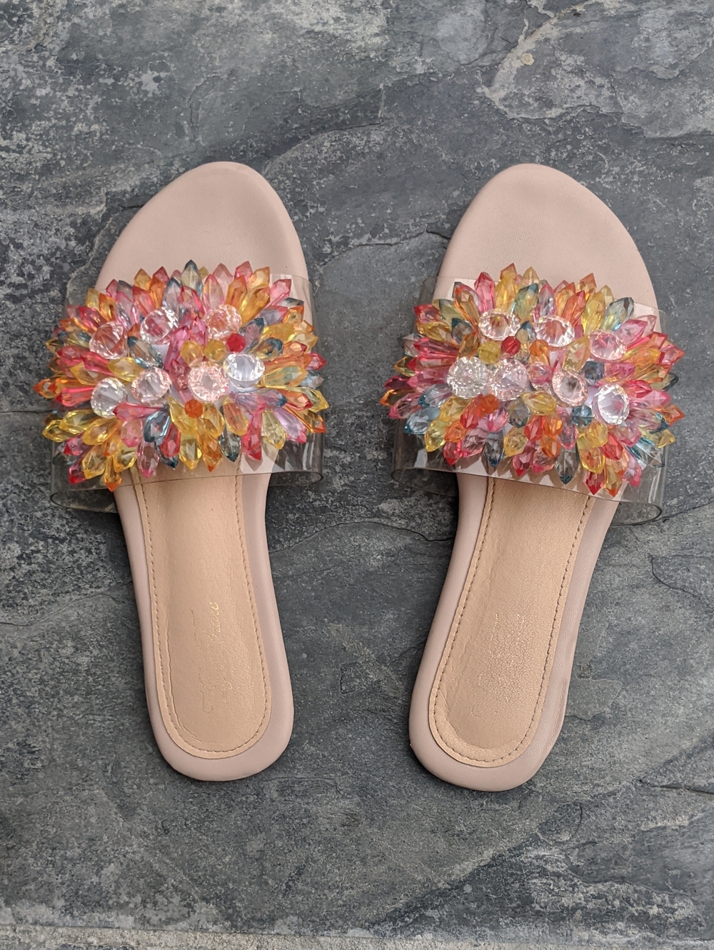 Pink Jeweled Clear-Band Slide Sandals